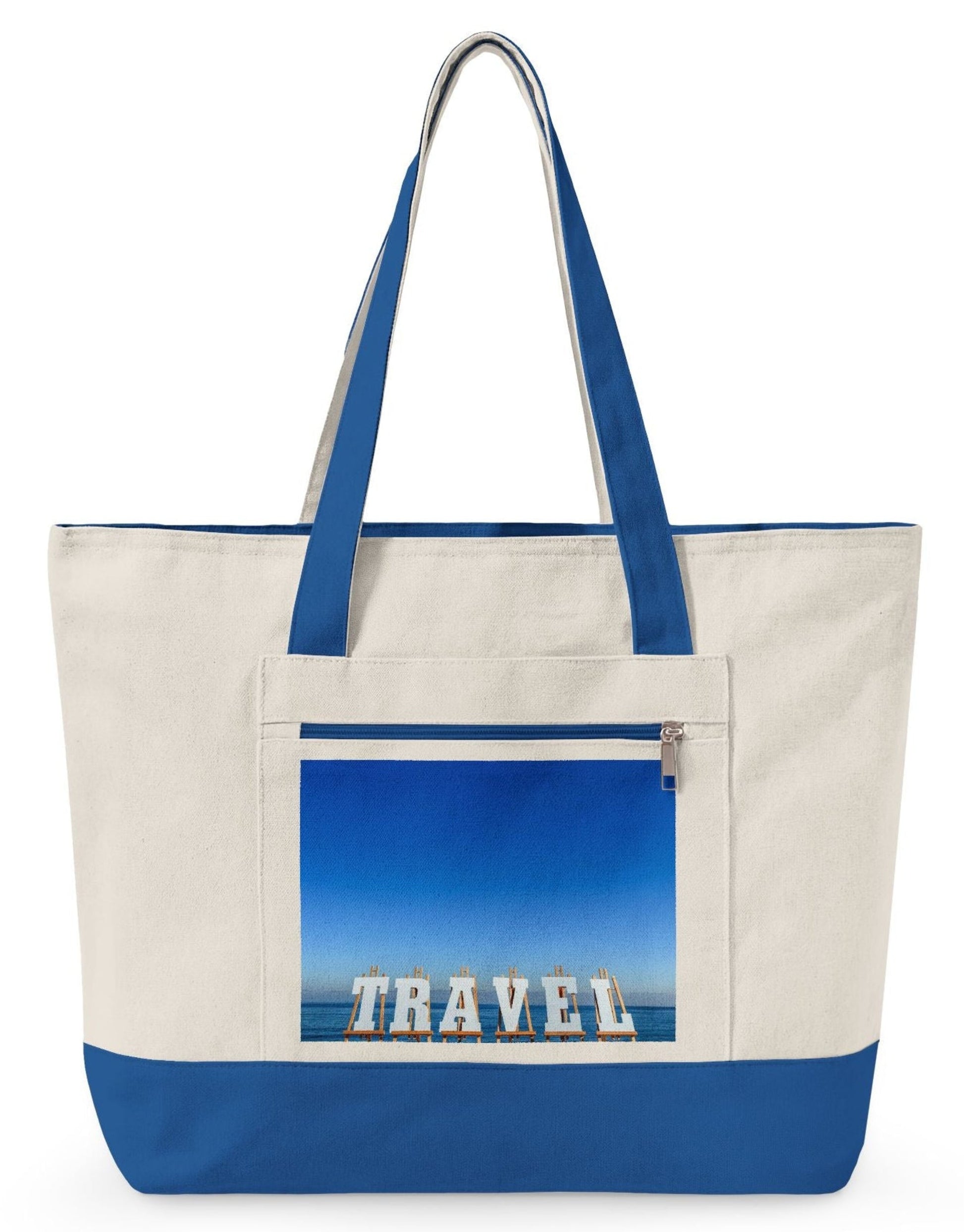 travel tote bag with blue highlights and zippers