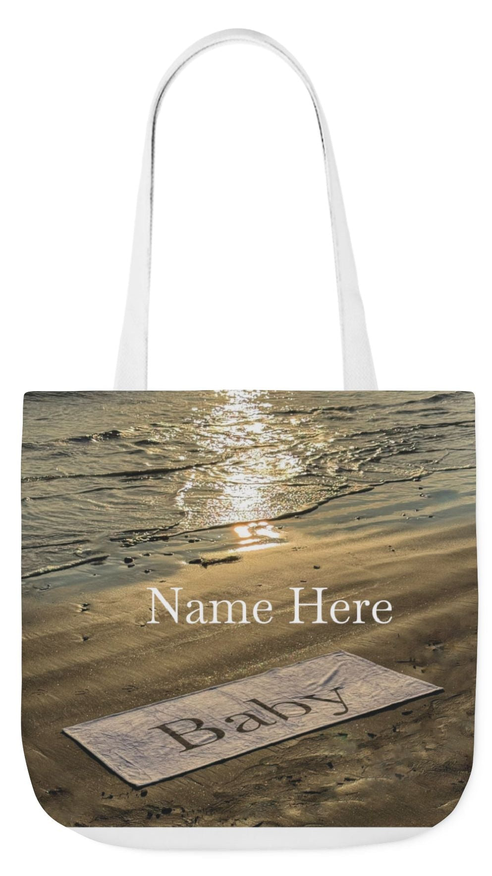 Baby Tote Bag 18" x 18" same print on each side. White, Blue or Pink Handles Choice. "Sunny Seaside Baby Tote Bag Personalized"