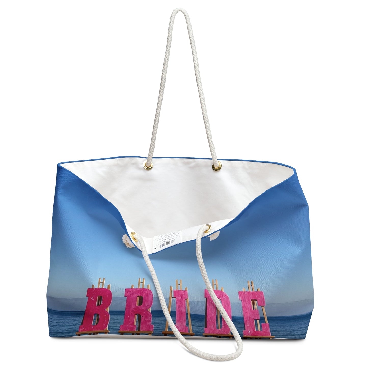 Bride Weekender Bag same print on each side and rope handles. "24 x 13". "Seaside Bride Weekender Bag".