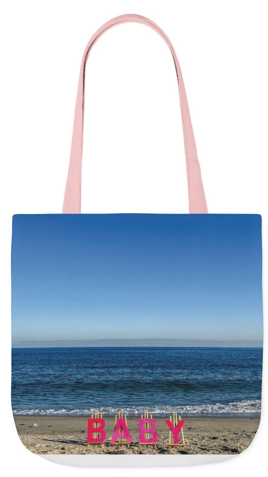 Baby Tote Bag (Pink) 18”x 18” same all over print on each side with pink or white handle options. “Beach Baby Tote Bag”.