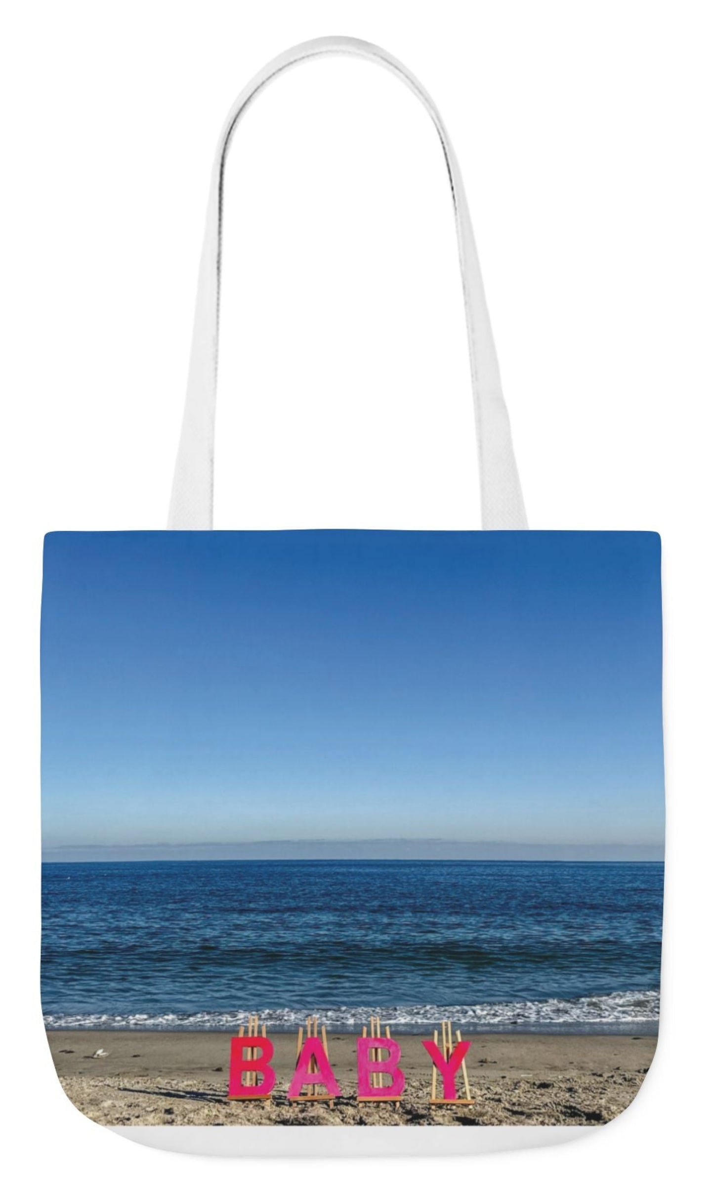 baby girl tote bag white handles, baby gift, beach design, 18" x 18", polyester double sided print