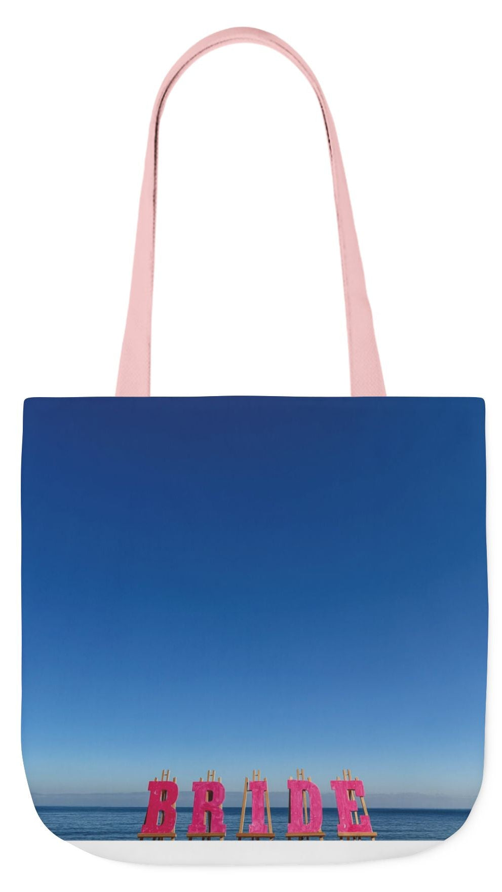 Bride Tote Bag 18” x 18” different print on each side. Pink or White Handles option. “Seaside & Beach Bride Bag”