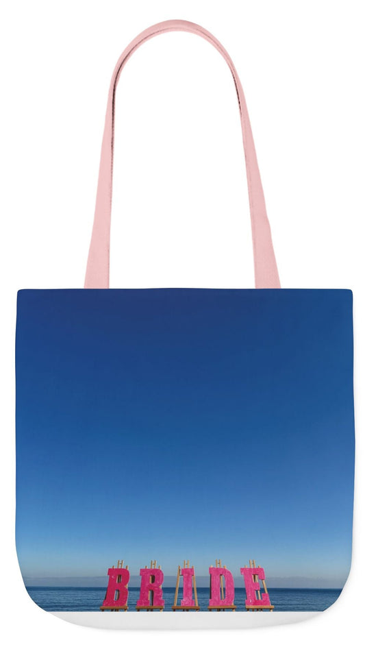 Bride Tote Bag 18” x 18” different print on each side. Pink or White Handles option. “Seaside & Beach Bride Bag”