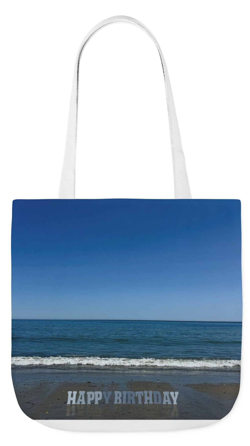 Birthday Tote Bag 18" x 18" different print on each side. 3 handle color options. "Beach & Beach Sand Birthday"