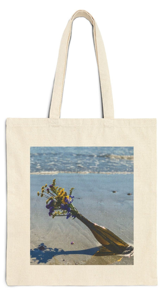 Floral Tote Bag Natural Color 15" x 16" Cotton Canvas Print on One Side. "Seaside Flowers in a Bottle"
