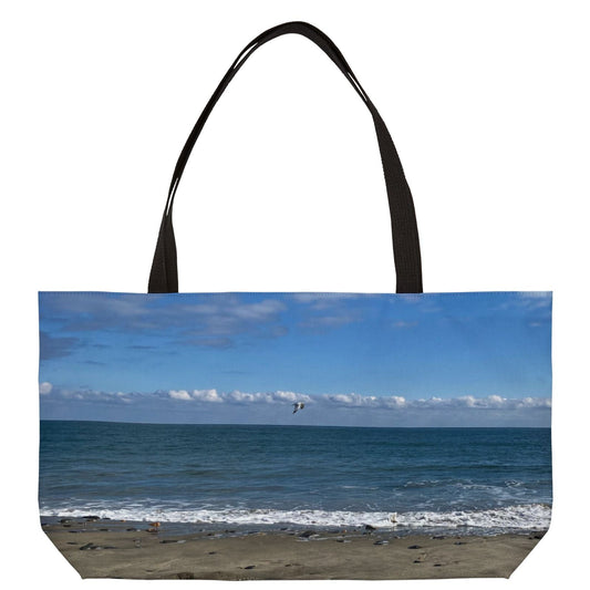 Beach Weekender Tote Bag 24" x 13" Different Print on Each Side. "Shore Bird & Big Waves"