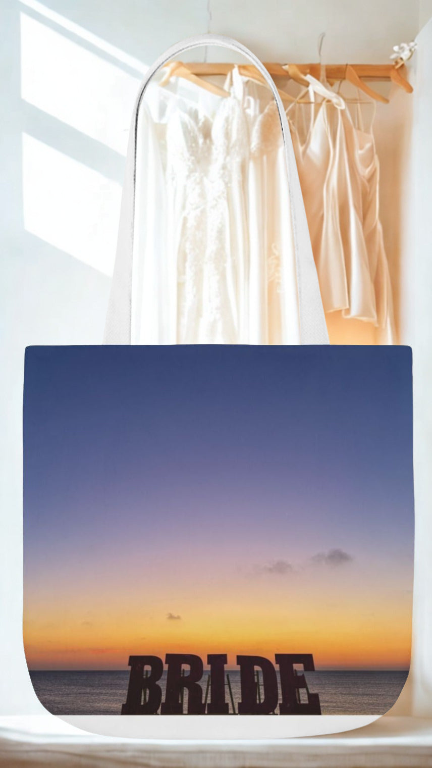 Bride Tote Bag 13” x 13” same print on each side. Handle color choice of Pink or White. “Daybreak Bride Bag”