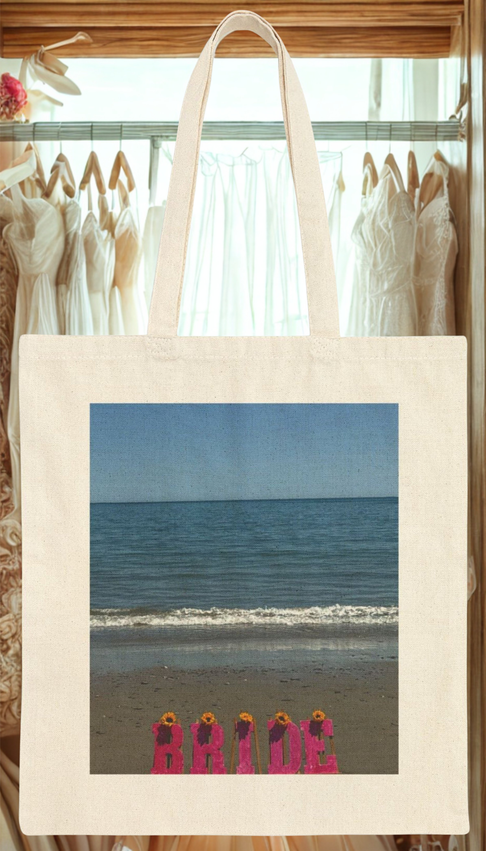 Bride Tote Bag in a wedding setting with dresses in background