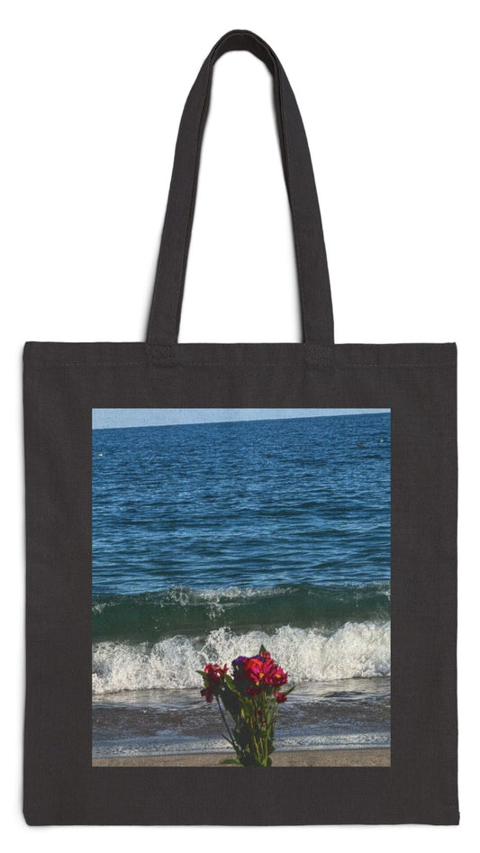 Floral Cotton Canvas Black Tote Bag 15" x 16" Print on one side. " Beachside Flowers"