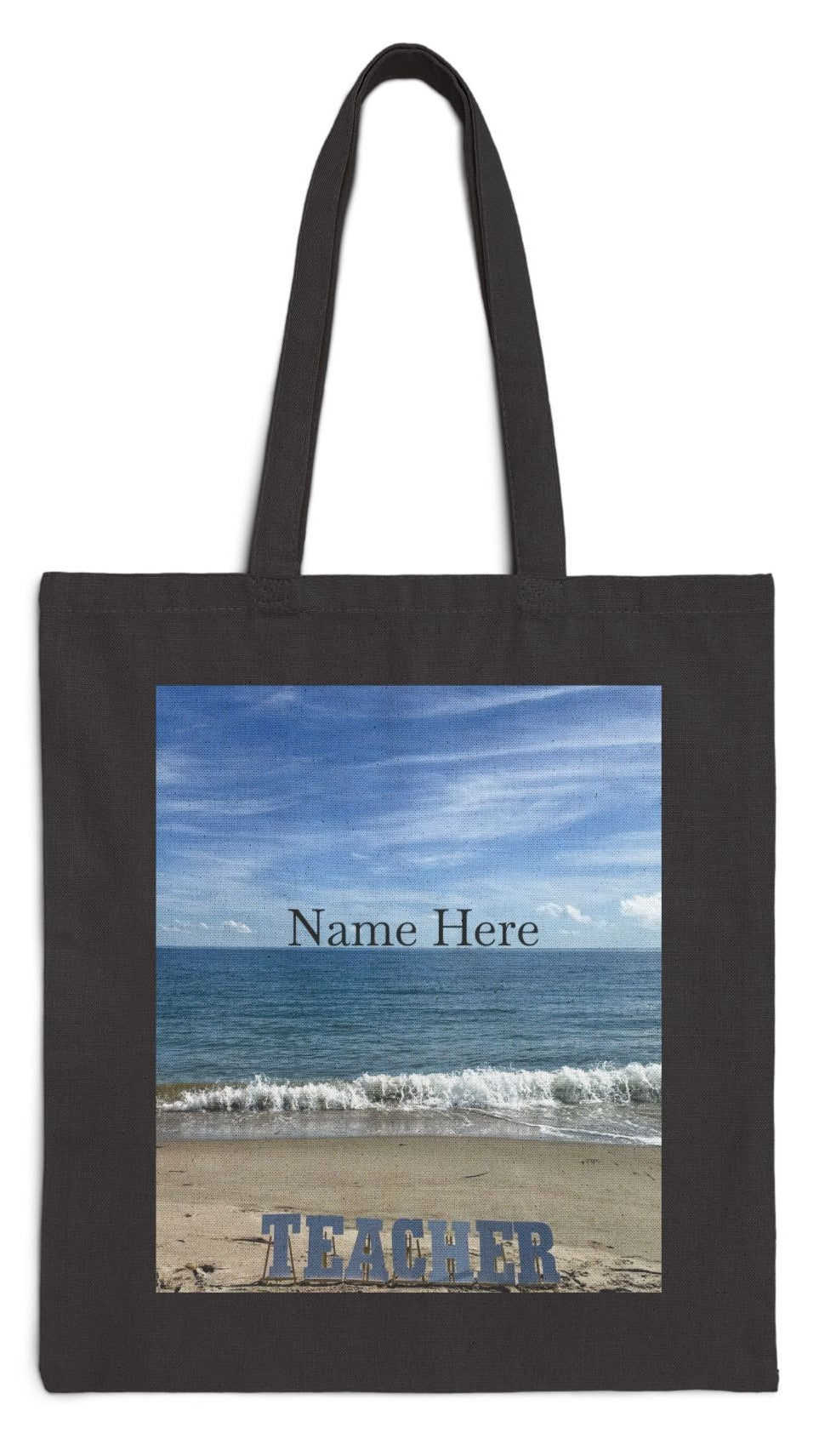 Teacher Tote Bag Black 15" x 16" Cotton Canvas Print on One Side. " Teacher Beachfront Tote Bag" (Personalize it)