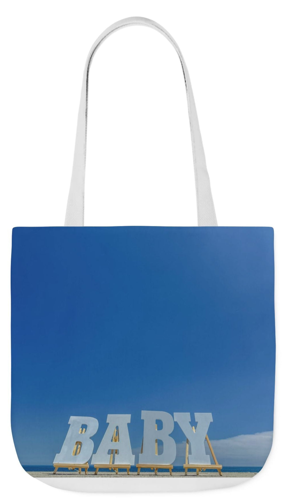 Baby Tote Bag 18”x 18” same all over print on each side with white, blue or pink handle options. “Baby Bag Bright Sky”.