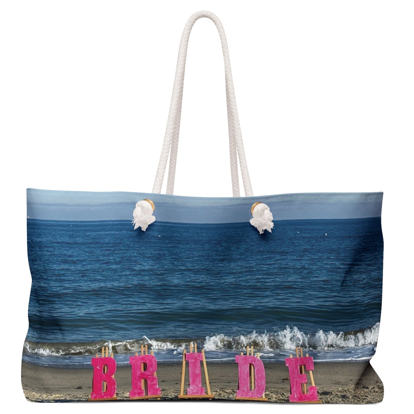 Bride Weekender Bag with same allover print on each side and rope handles. "24 x 13". "Beach Bride Weekender Bag"