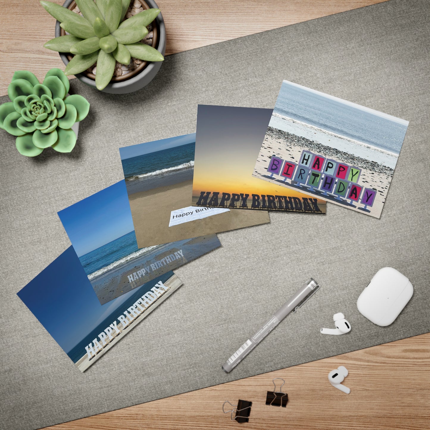 Set of 5 Different Coastal Birthday Cards with envelopes.