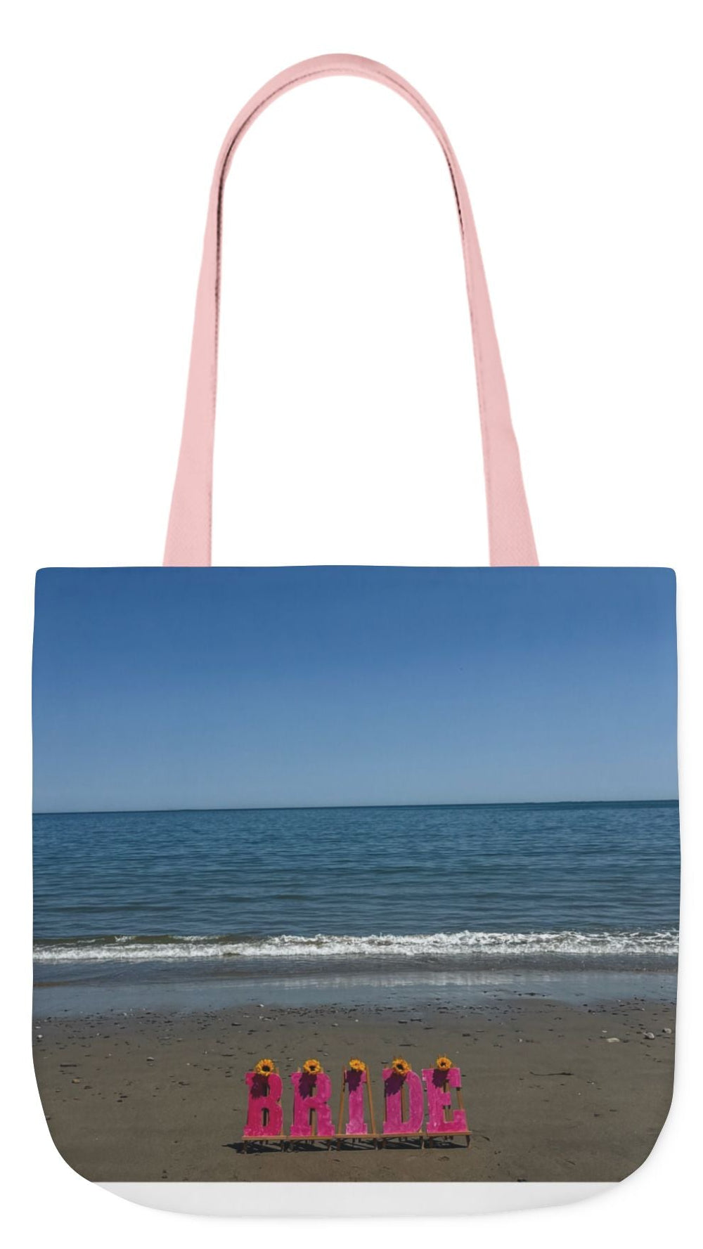 Bride Tote Bag 18” x 18”different print on each side. Choice of Pink or White Handles. "Shoreline & Beachfront Bride Bag"
