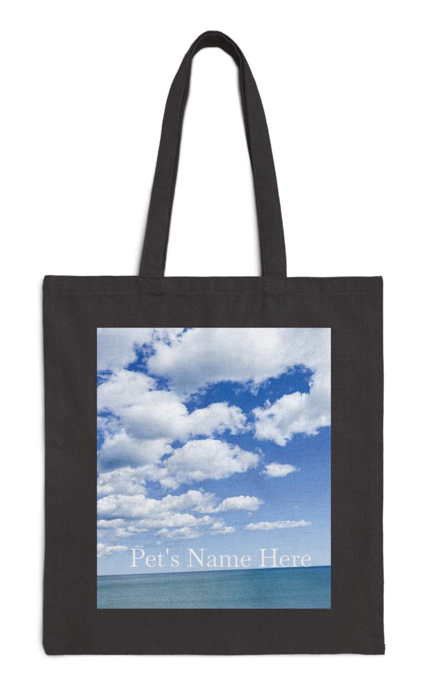 pet's name tote bag in black 15 x 16 seaside bright clouds