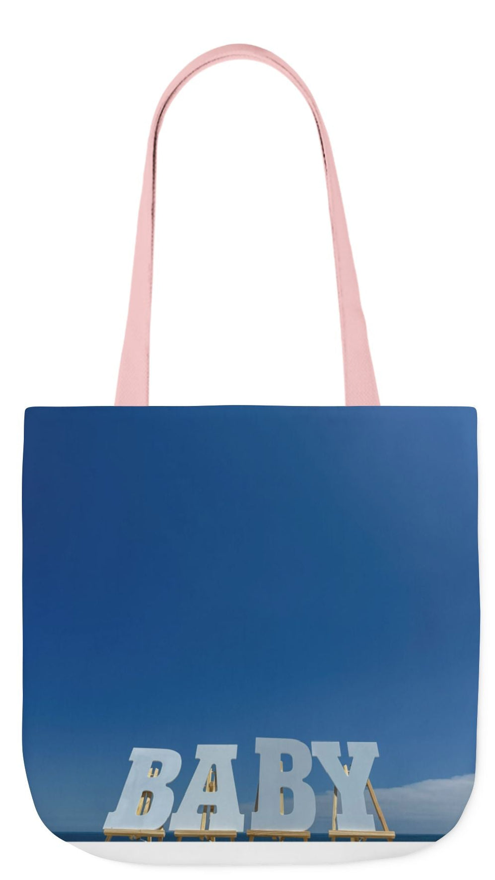 Baby Tote Bag 18”x 18” same print on each side with white, blue or pink handle options. “Bright Sky Baby Bag Personalized"