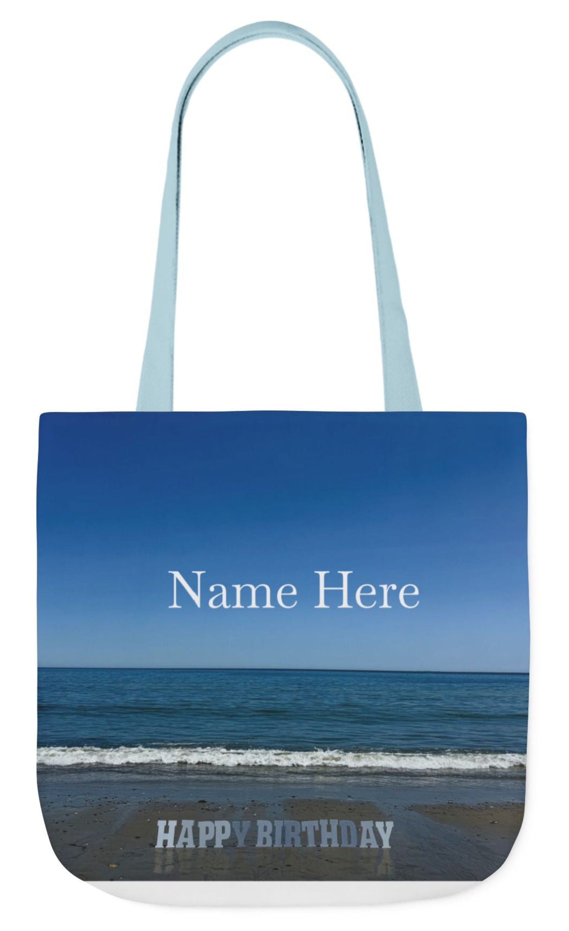 personalized birthday tote bag 18 x 18 double sided with blue handles