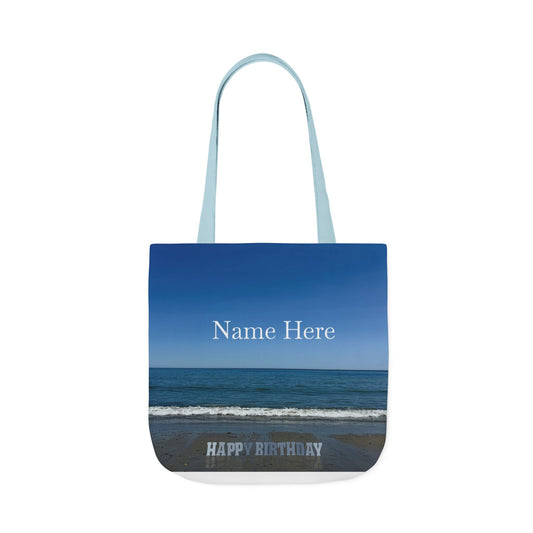 Birthday Tote Bag 18" x 18" different print on each side. 3 handle color options. "Beach & Beach Sand Birthday Personalized”