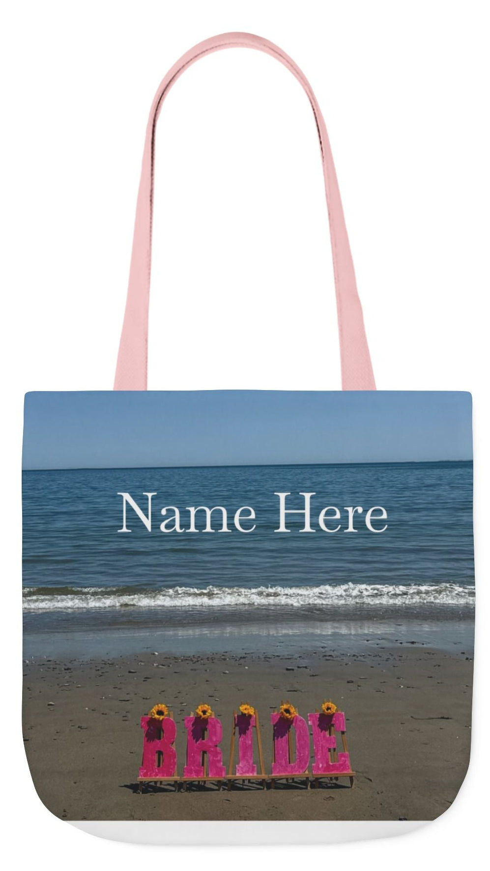 Bride Tote Bag 18" x 18" same print on each side. Pink or White Handles option. "Beachfront Bride Bag Personalized"