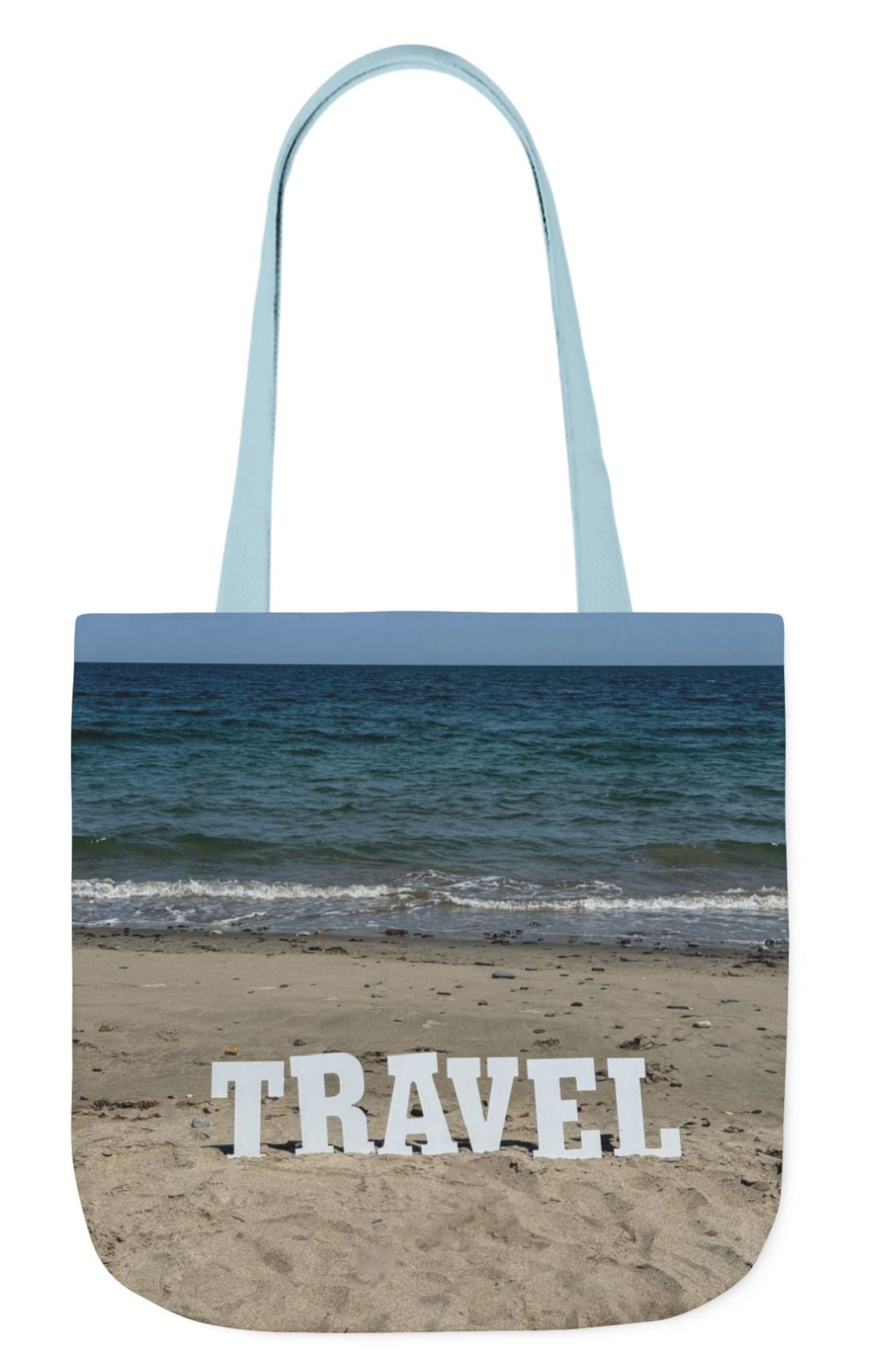 double sided travel tote bag with blue handles 18 x 18
