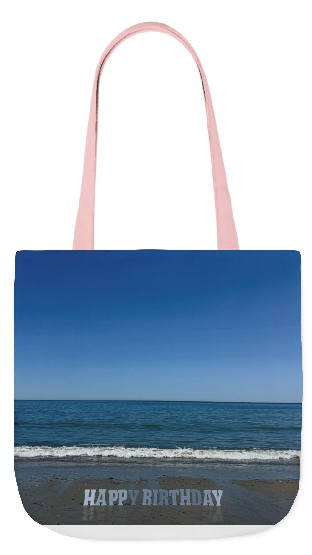 Birthday Tote Bag 18" x 18" different print on each side. 3 handle color options. "Beach & Beach Sand Birthday"