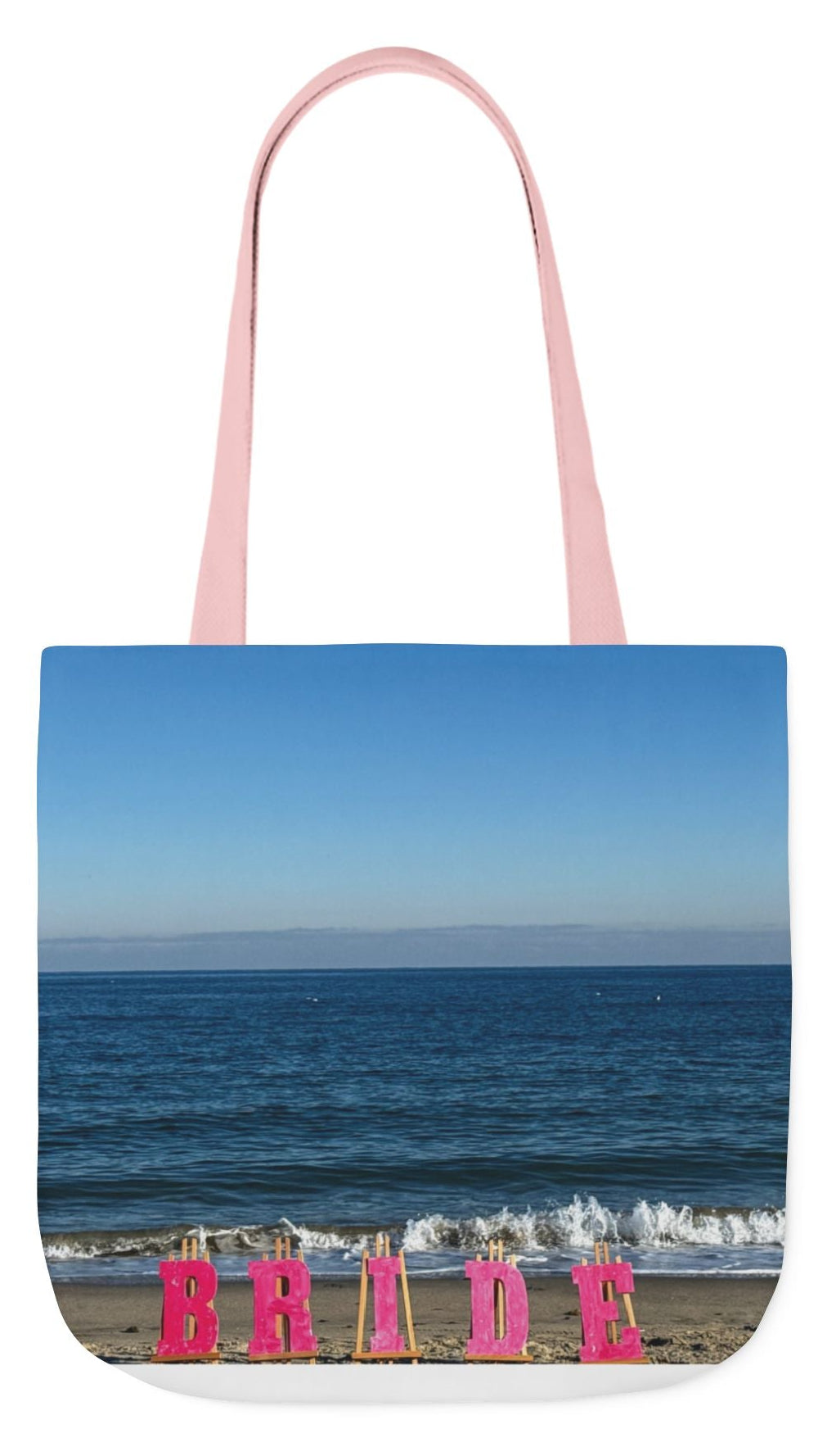 Bride Tote Bag 18" x 18" same print on each side. Pink or white handle choice. "Beach Bride Bag"