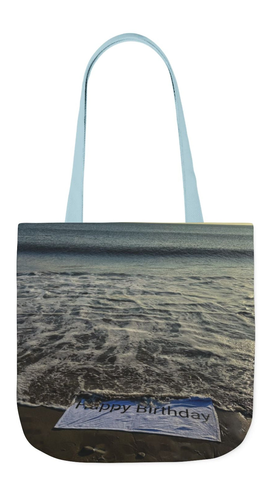 Birthday Tote Bag 13” x 13” different print on each side. 3 Handle Color Options. “Beachfront Birthday Bag”