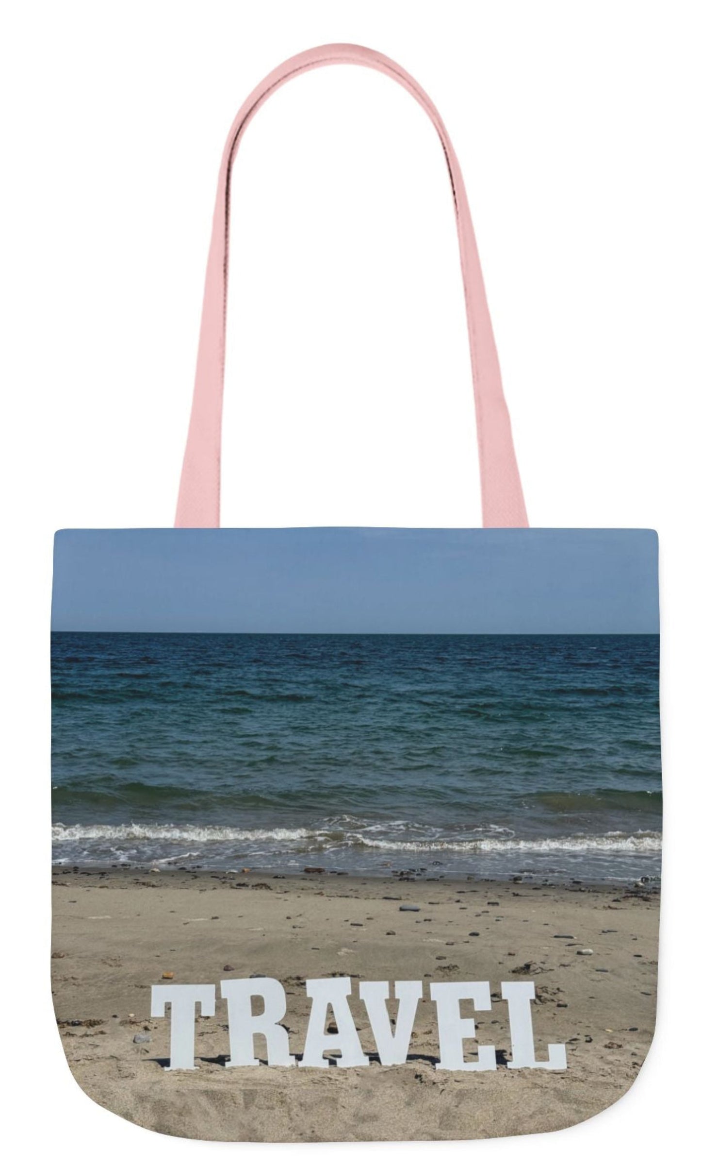 travel tote bag pink handles matching beach scene each side