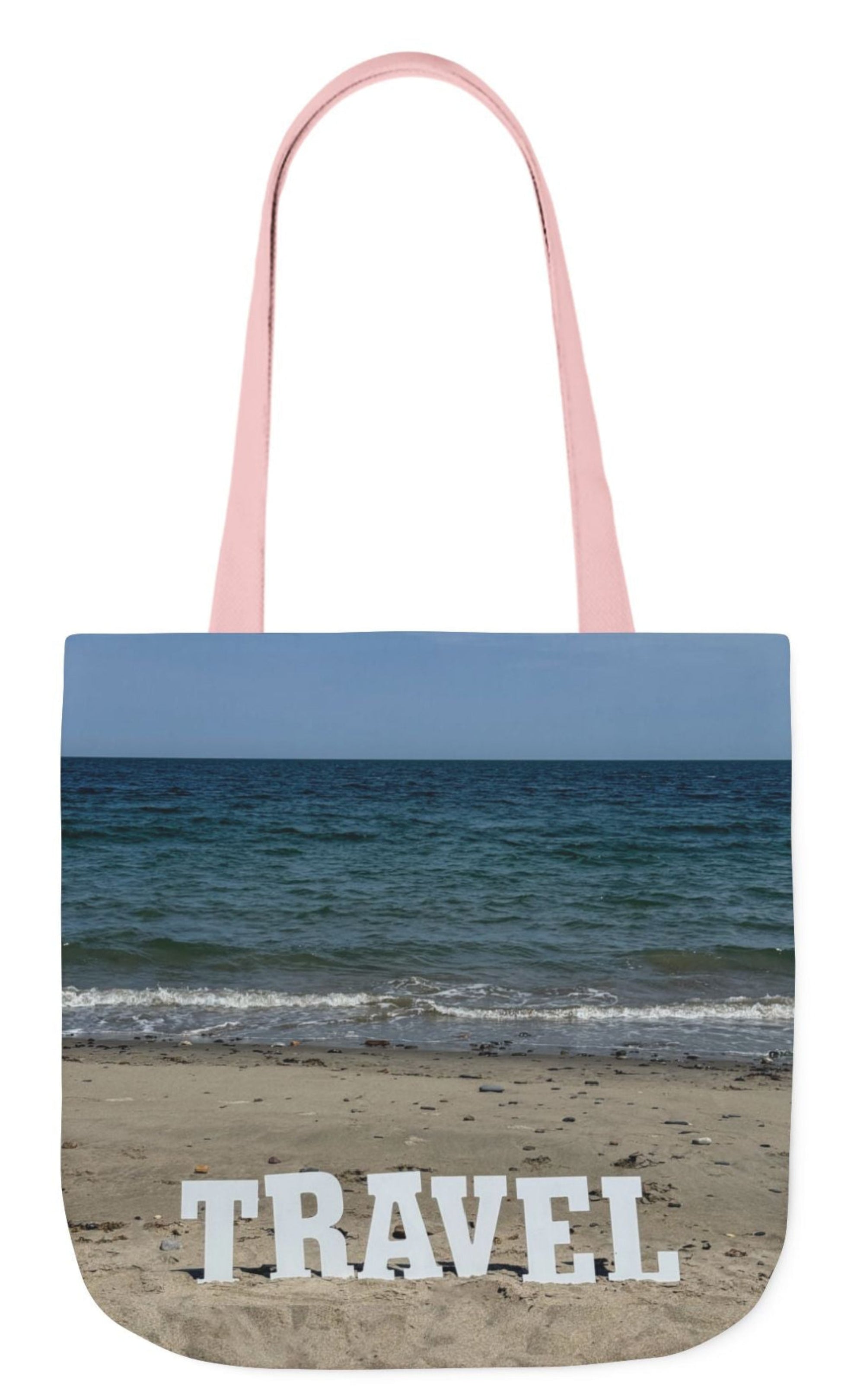 travel tote bag pink handles matching beach scene each side