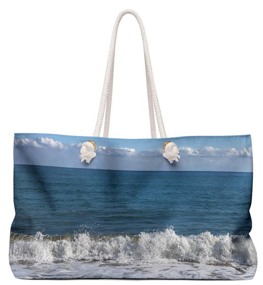 Bride Weekender Tote Bag 24" x 13" with Different Print on Each Side and Rope Handles. “Big Waves & Shore Bird"