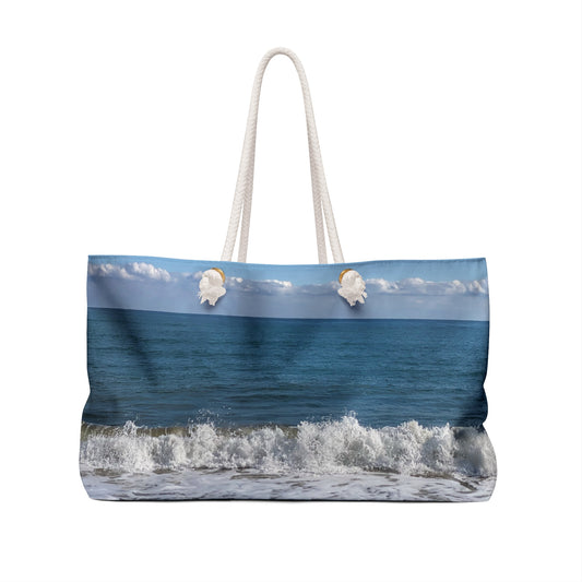 Weekender Tote Bag 24" x 13" with Different Print on Each Side and Rope Handles. “Big Waves & Shore Bird"