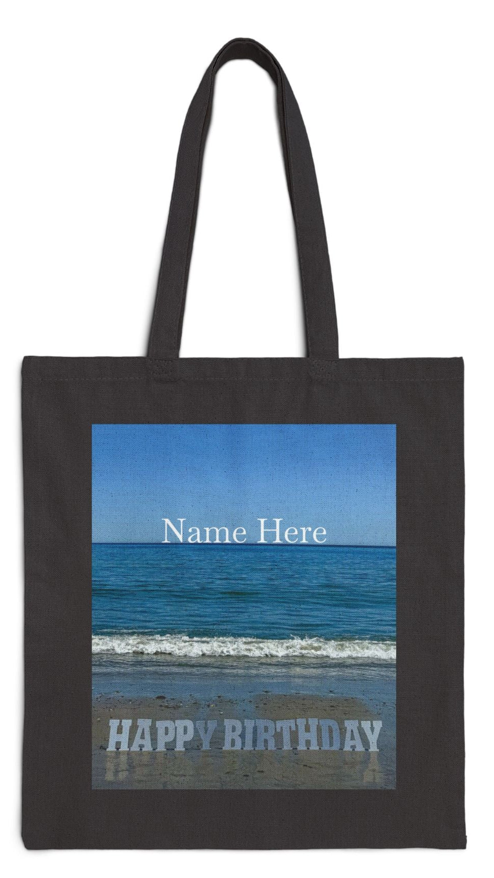 Birthday Tote Bag Black 15" x 16" Cotton Canvas Print on One Side. "Beach Birthday" (Personalize it)