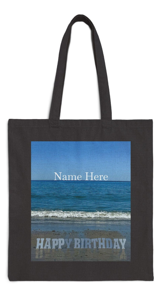 Birthday Tote Bag Black 15" x 16" Cotton Canvas Print on One Side. "Beach Birthday" (Personalize it)