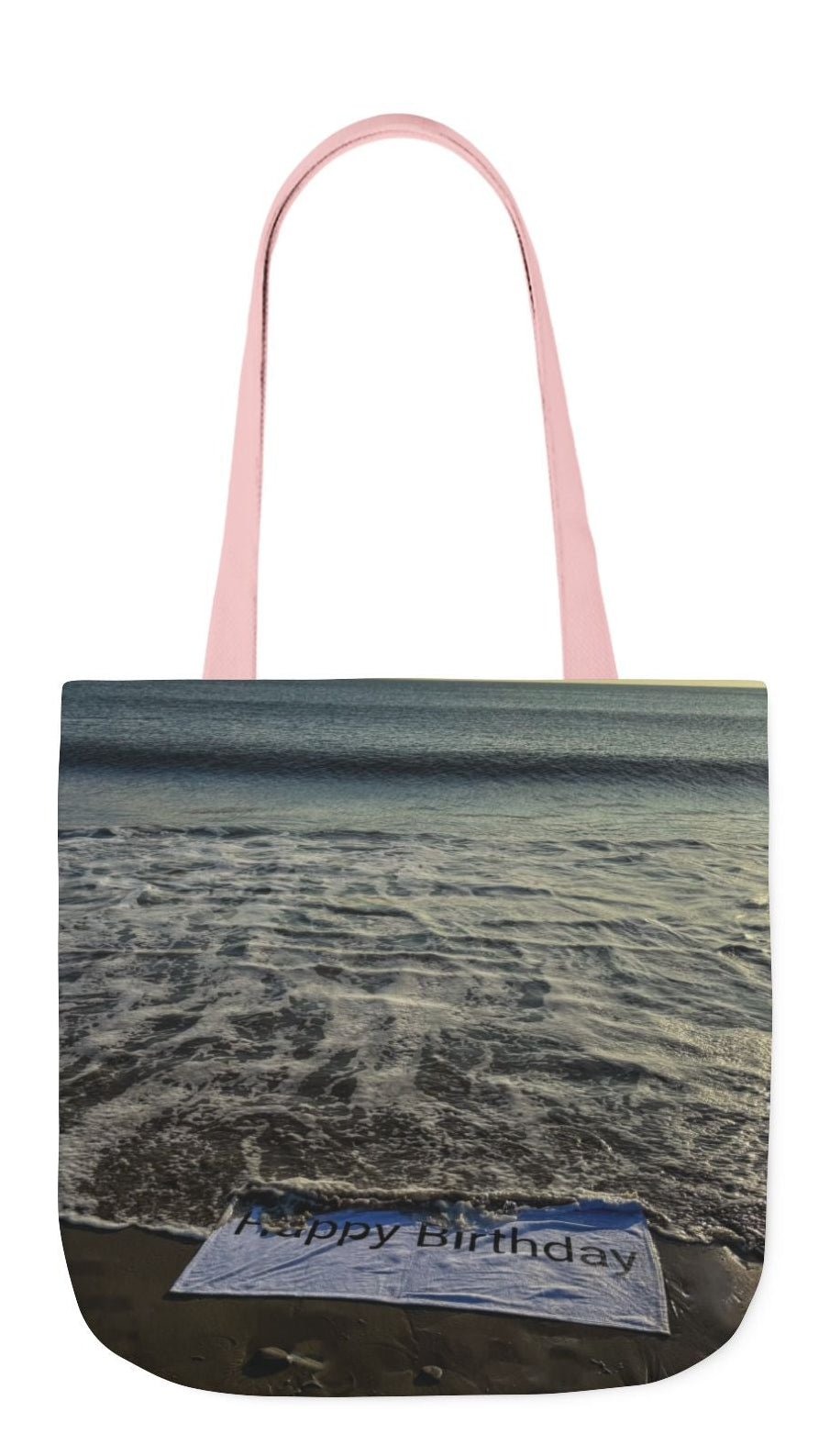 Birthday Tote Bag 13” x 13” different print on each side. 3 Handle Color Options. “Beachfront Birthday Bag Personalized”