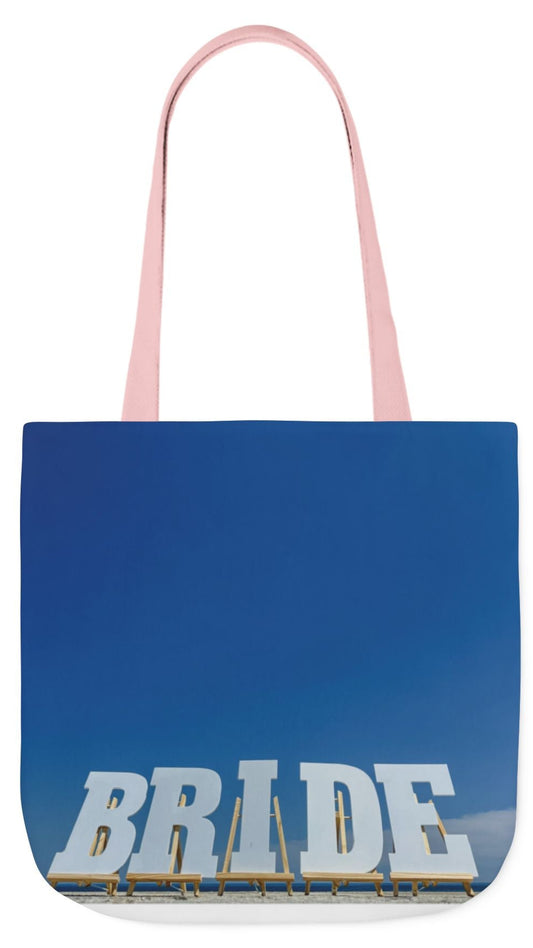 Bride Tote Bag 18" x 18" with allover same print on each side. Pink or white handle choice. "Bride Bag Bright Sky"
