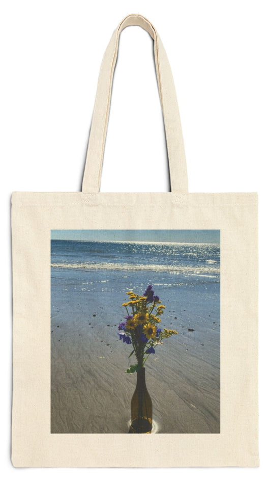 Floral Tote Bag Natural Color 15" x 16" Cotton Canvas Print on One Side. "Beachy Flowers in a Bottle"