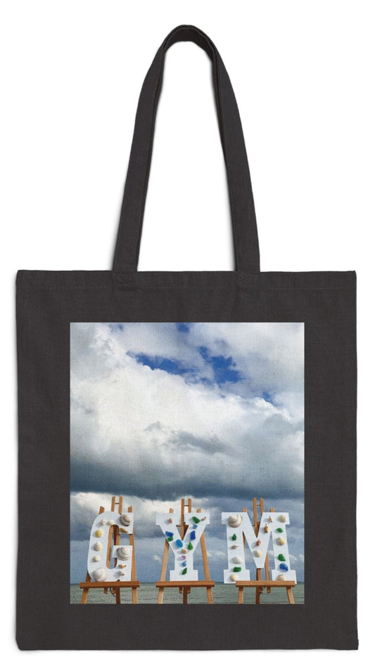Gym Tote Bag Black 15” x 16” Cotton Canvas Print on One Side. "Gym at the Beach"