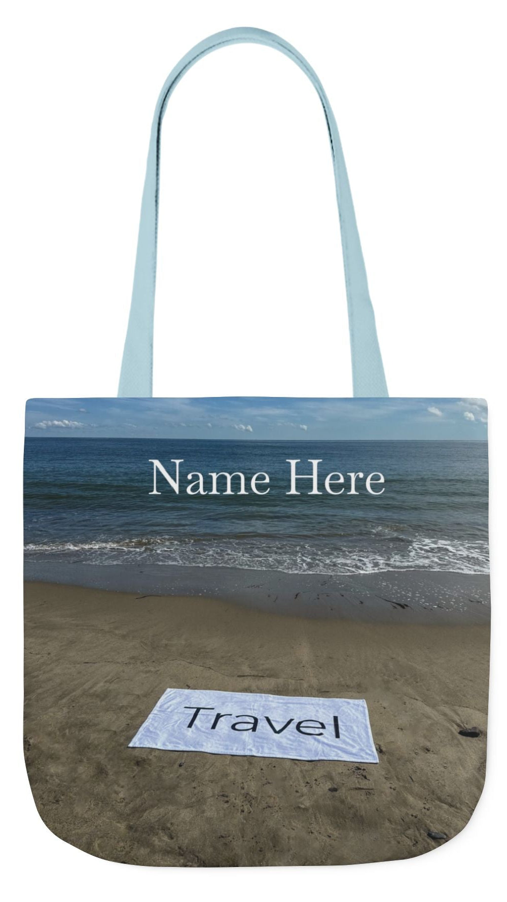 Travel Tote Bag 18” x 18” same print on each side. 4 Handle Color Options. “Beachfront Travel Bag Personalized”