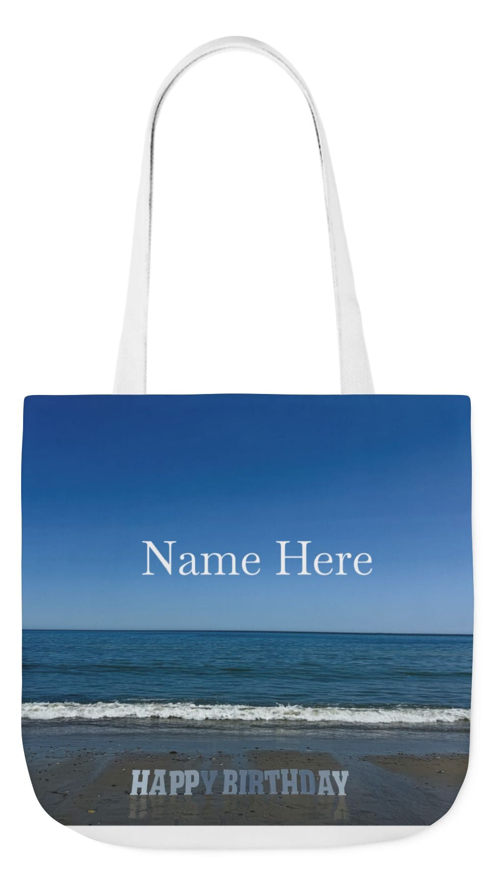 Birthday Tote Bag 18" x 18" different print on each side. 3 handle color options. "Beach & Beach Sand Birthday Personalized”
