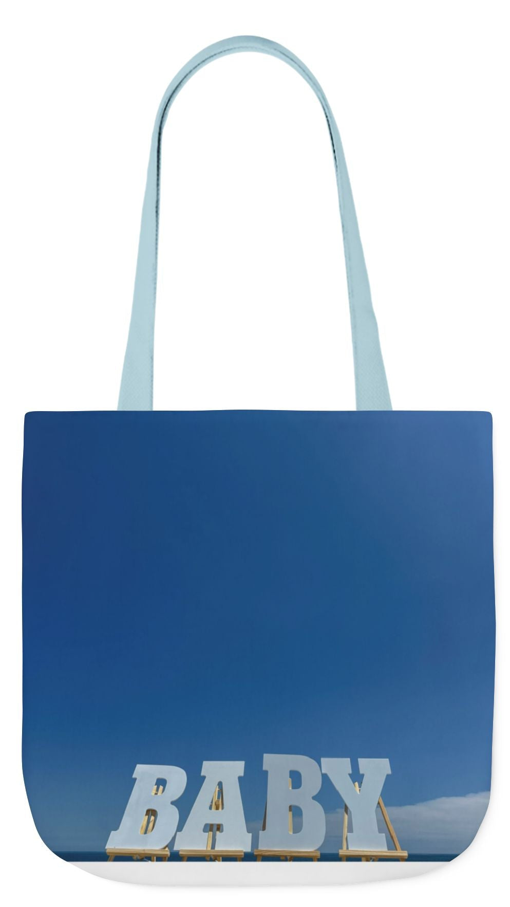 Baby Tote Bag 18”x 18” same print on each side with white, blue or pink handle options. “Bright Sky Baby Bag Personalized"