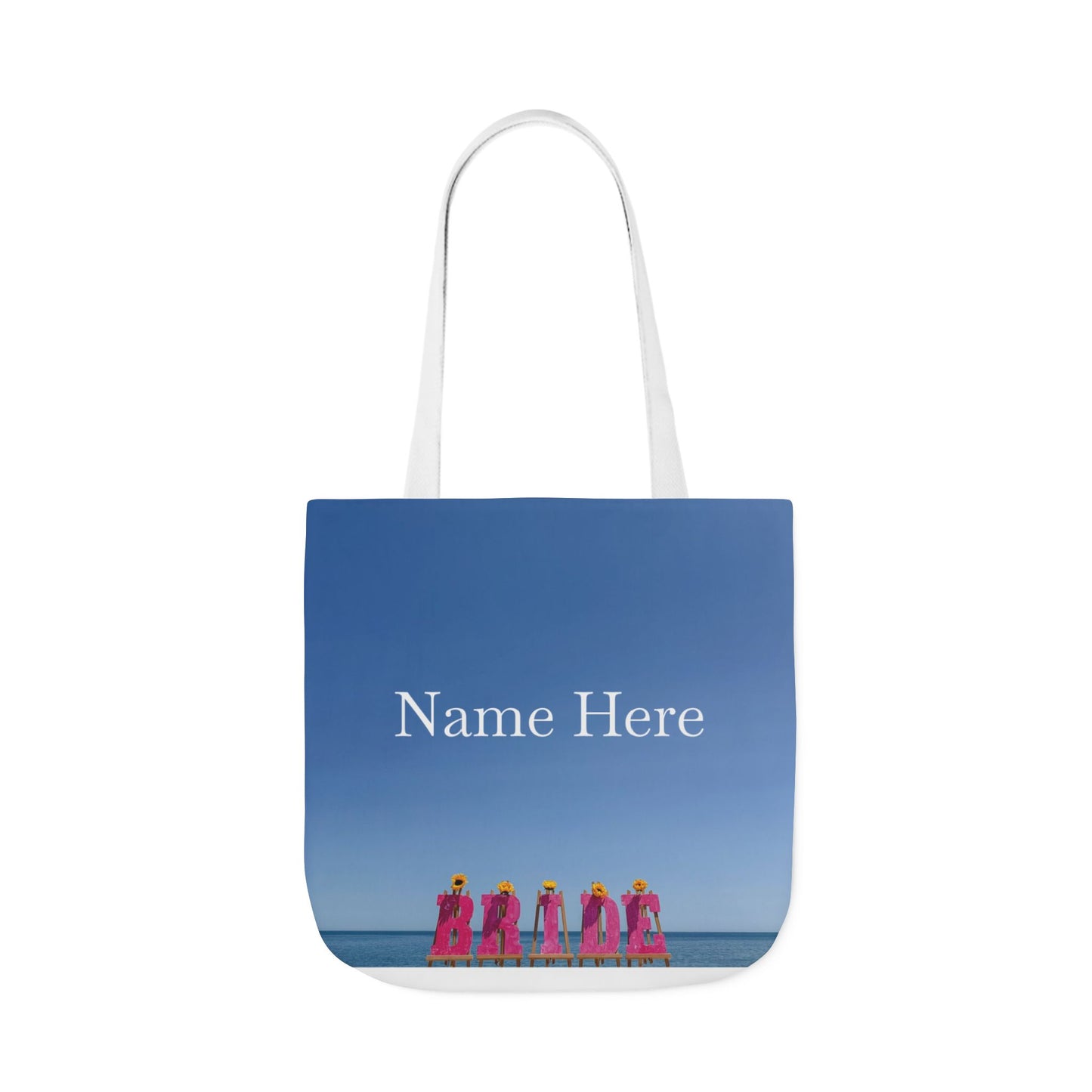 Bride Tote Bag 18" x 18" same print on each side. Pink or White Handles option. "Shoreline Bride Bag Personalized"
