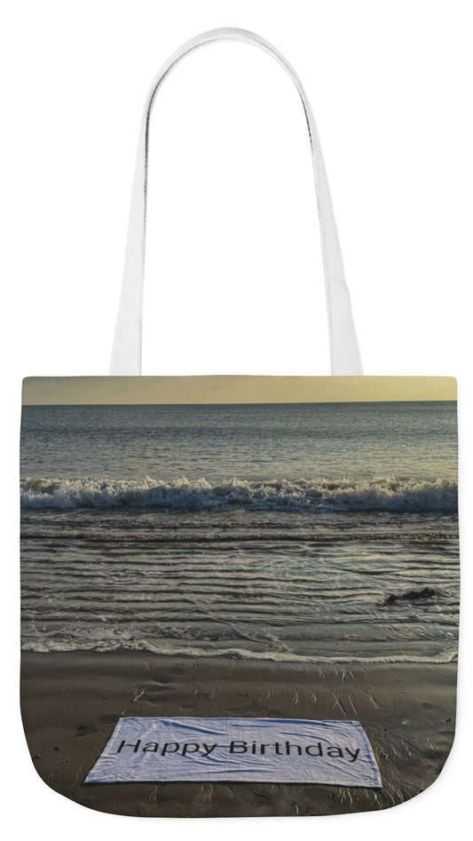 Birthday Tote Bag 18” x 18” different print on each side. 3 Handle Color Options. “Beach & Beachfront Birthday Bag”