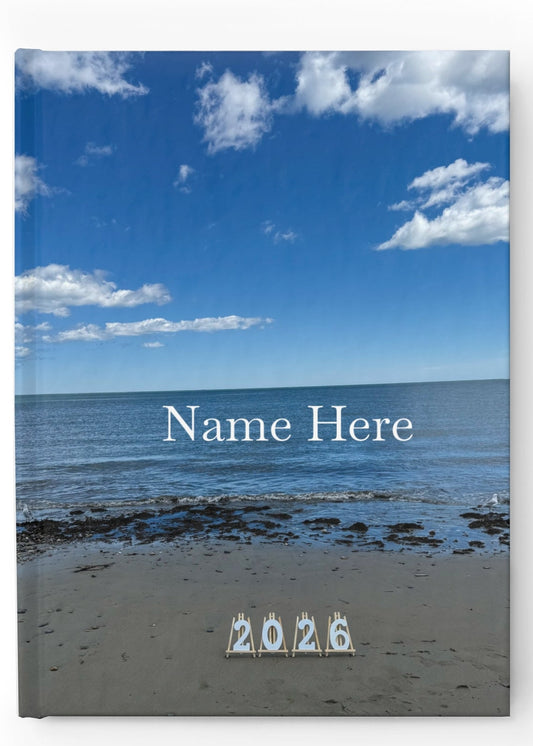 2026 Hardcover Blank Journal. (Personalized) “2026 Two Seagulls on the Beach”