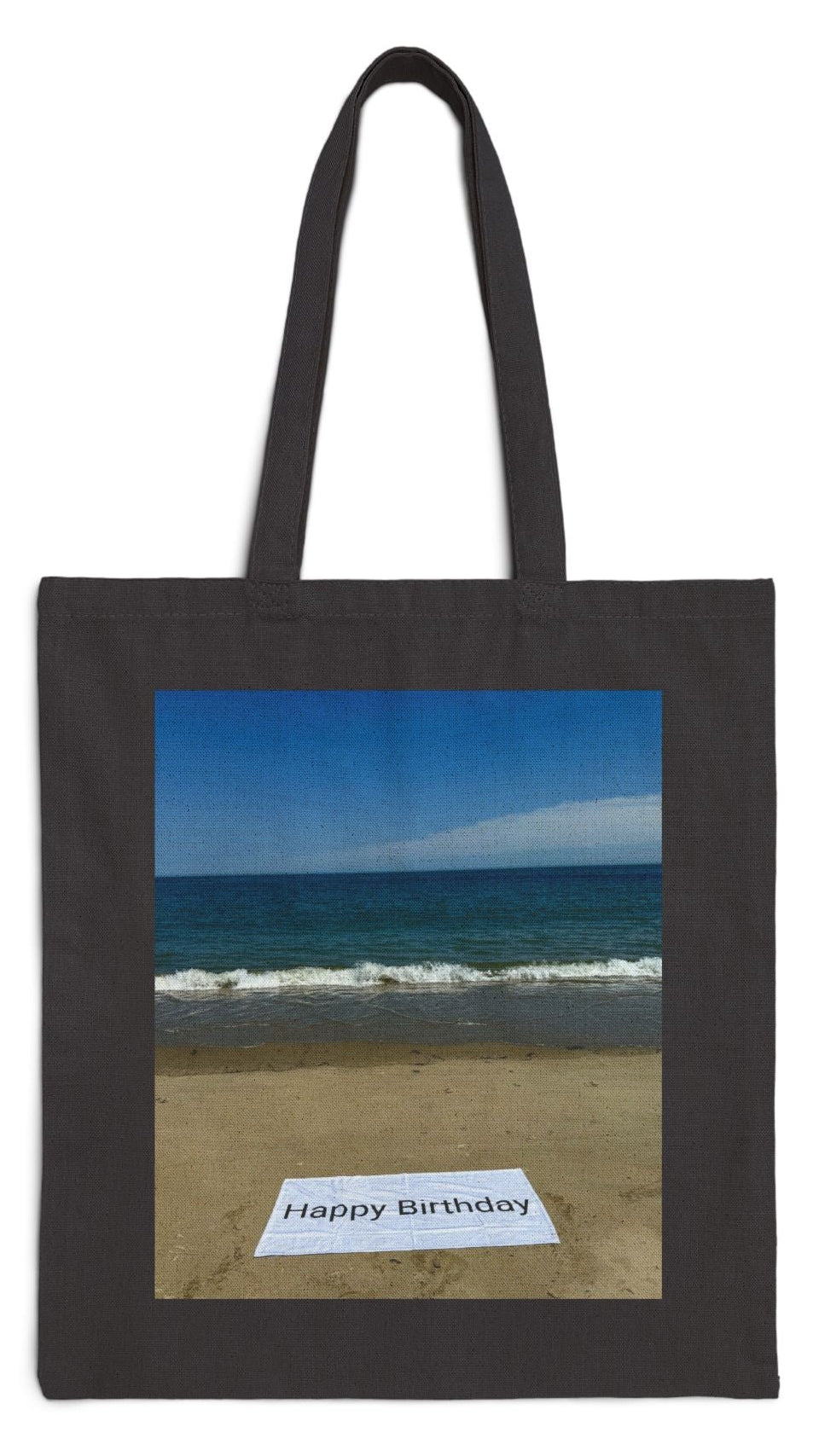 Birthday Tote Bag Black 15" x 16" Cotton Canvas Print on One Side. "Beach Sand Birthday"