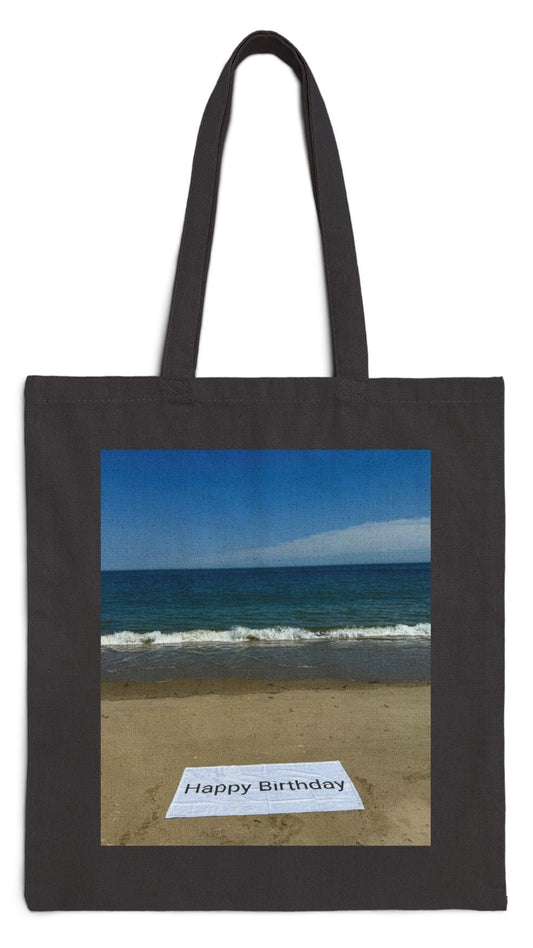 Birthday Tote Bag Black 15" x 16" Cotton Canvas Print on One Side. "Beach Sand Birthday"