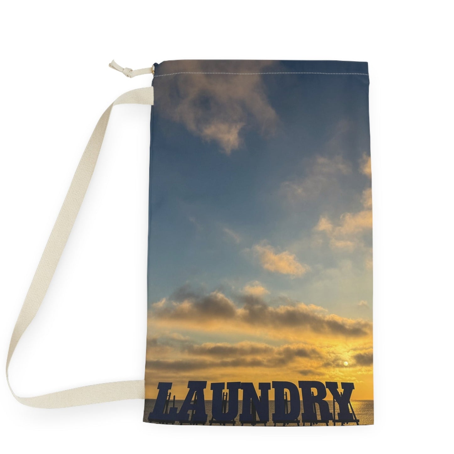Laundry Bag with a Shoulder Strap and Drawstring 18" x 29” Same Print on Each Side. “Seaside Sunrise Laundry”