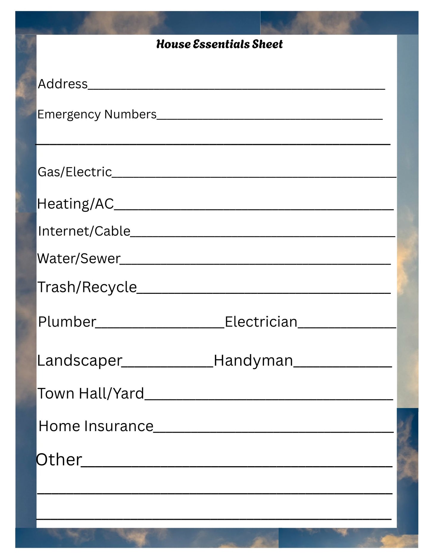House Essentials Sheet|Clouds Edition|Printable PDF