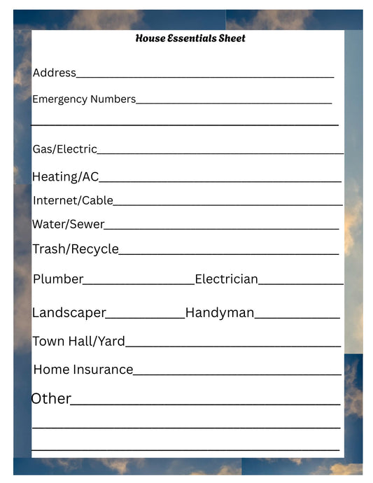 House Essentials Sheet|Clouds Edition|Printable PDF